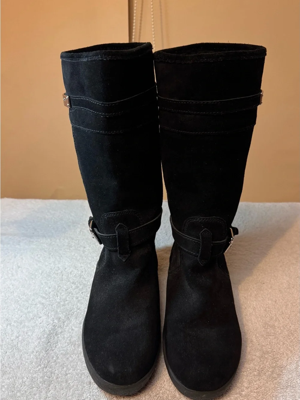 Women’s Coach Tallulah Black Suede Mid-Calf Boots w Faux Shearling Lining